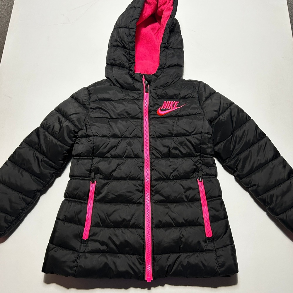 Nike Girls Puffer Jacket Black Pink Fleece Lined Hooded Full Zip Coat 4T